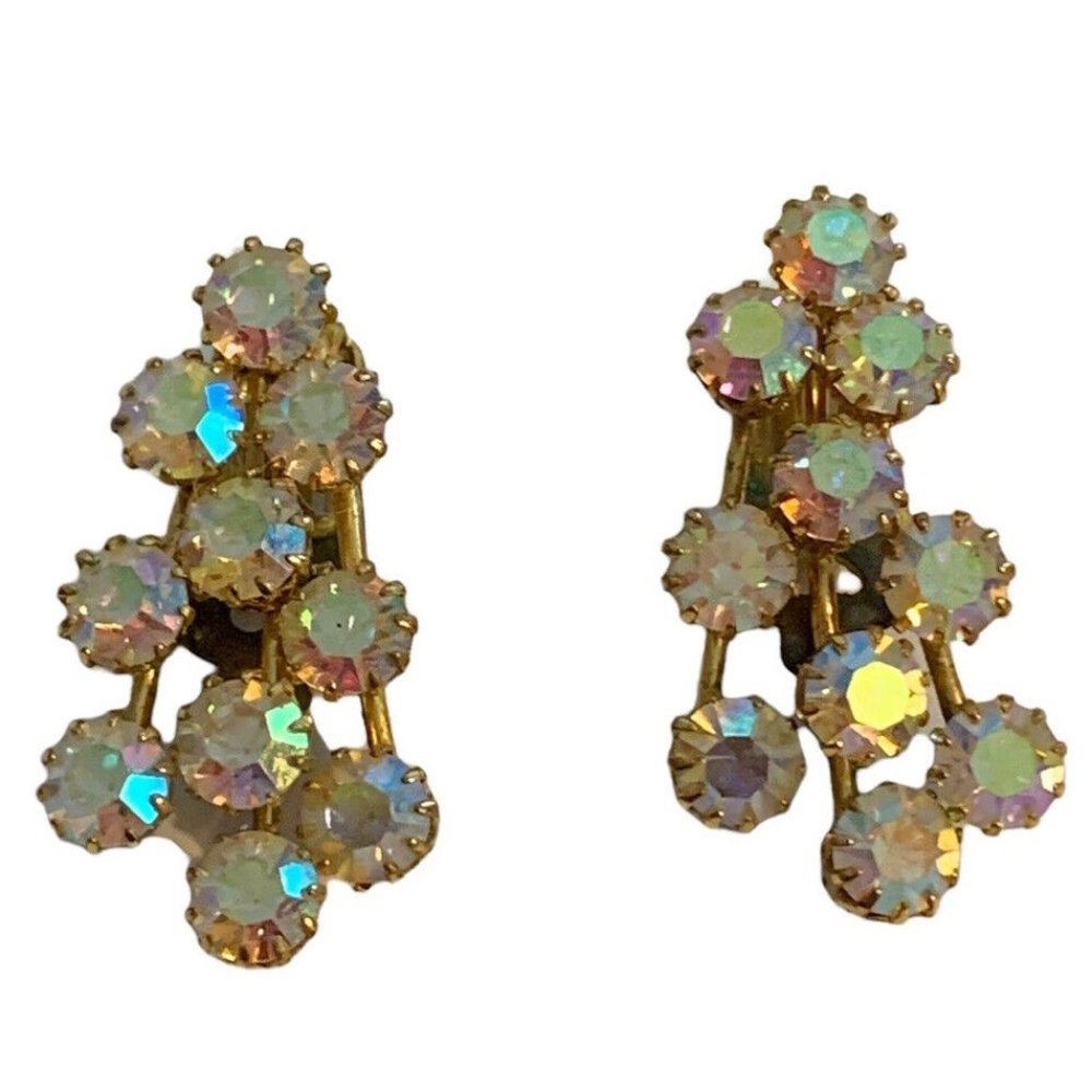 Vtg AB Aurora Borealis Rhinestone Gold Tone Clip-on Earrings Iridescent …